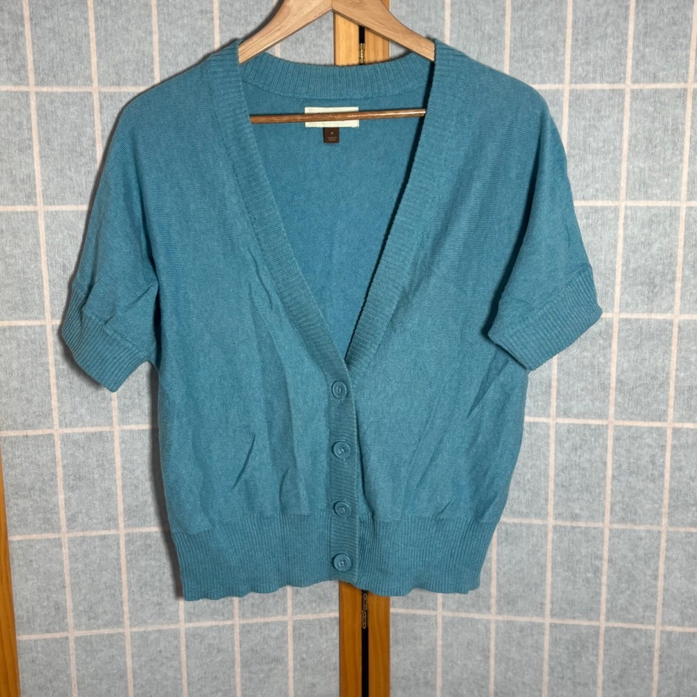 Sonoma Life Style Blue Short Sleeve V Neck Button Up Cardigan Sweater M Y2K Crop
